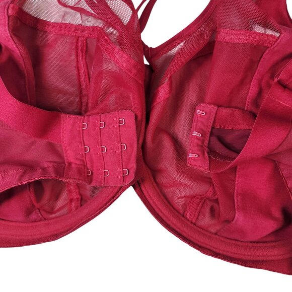 Elomi Sachi Underwire Plunge Bra Ruby Red 32M Wide Adj Unlined Sheer Unpadded - Picture 7 of 9